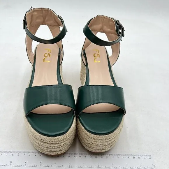 FSJ Dark Green Open Toe Platform Wedge High Heel Espadrilles Sandals Beach Shoes