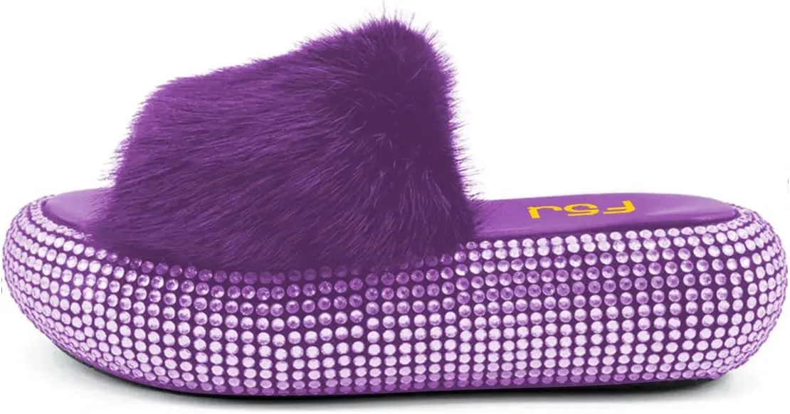 FSJ Women Fur Fur Open Toe Mules Studded Rhinestone Soft Thick Sole Slippers Slip On Casual Comfy Slide Sandals Size 4-15 US