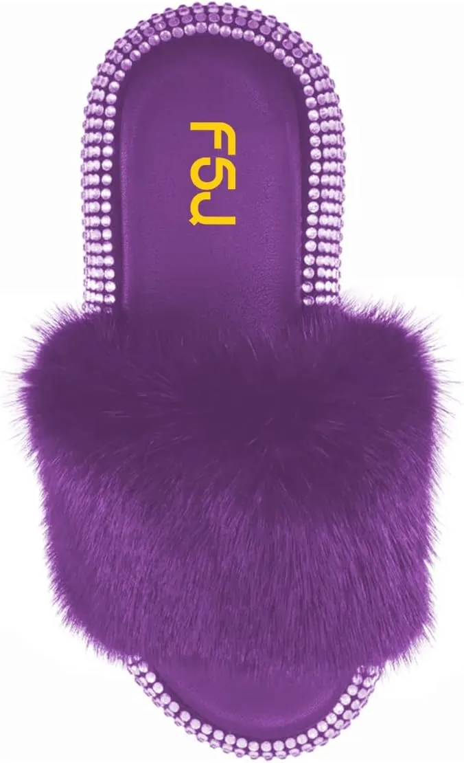 FSJ Women Fur Fur Open Toe Mules Studded Rhinestone Soft Thick Sole Slippers Slip On Casual Comfy Slide Sandals Size 4-15 US