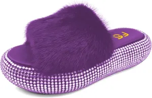 FSJ Women Fur Fur Open Toe Mules Studded Rhinestone Soft Thick Sole Slippers Slip On Casual Comfy Slide Sandals Size 4-15 US