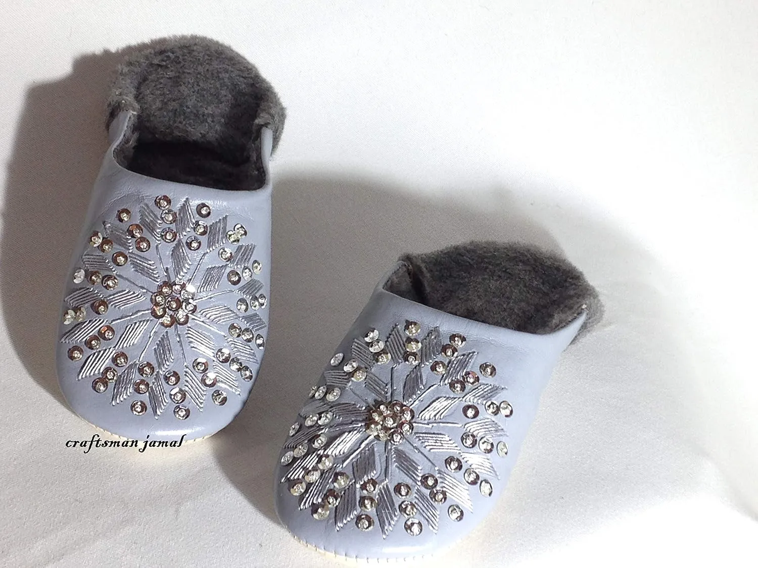Fur Warm Winter Mules Fluffy leather Comfy, leather slippers, Women, Morooco babouche Gray Handmade withe the Warm Faux Fur Lining
