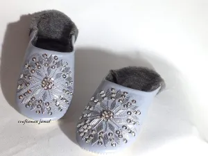 Fur Warm Winter Mules Fluffy leather Comfy, leather slippers, Women, Morooco babouche Gray Handmade withe the Warm Faux Fur Lining