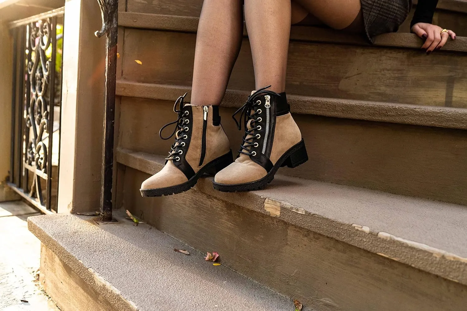 GC Shoes Womens Combat Boots, Warm Lace Up Wide Calf Boots, Vegan Chunky Low Heel Winter Fashion Ankle Booties, Joan