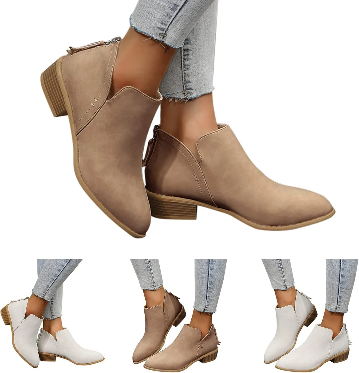 Gibobby Booties for Women Low Heel Retro V Cut Short Warm Boots Closed Toe Low Heel Combat Western Shoes