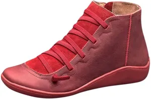 Gibobby Boots for Women Dressy Winter Casual Leather Side Zipper Round Toe Cowboy Booties Fall Flat Short Shoes Boots