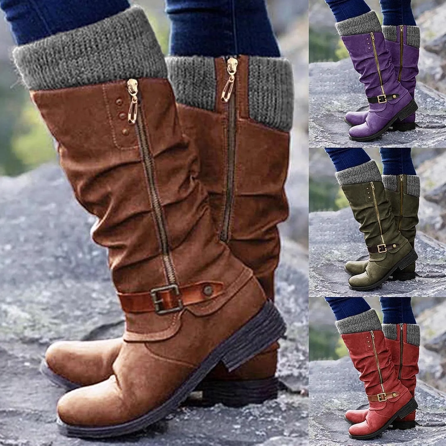 Gibobby Boots for Women,Women's Low Heel Mid Calf Boots Retro Side Zipper Knight Boots Comfy Combat Style Fall Warm Outdoor Western Shoes