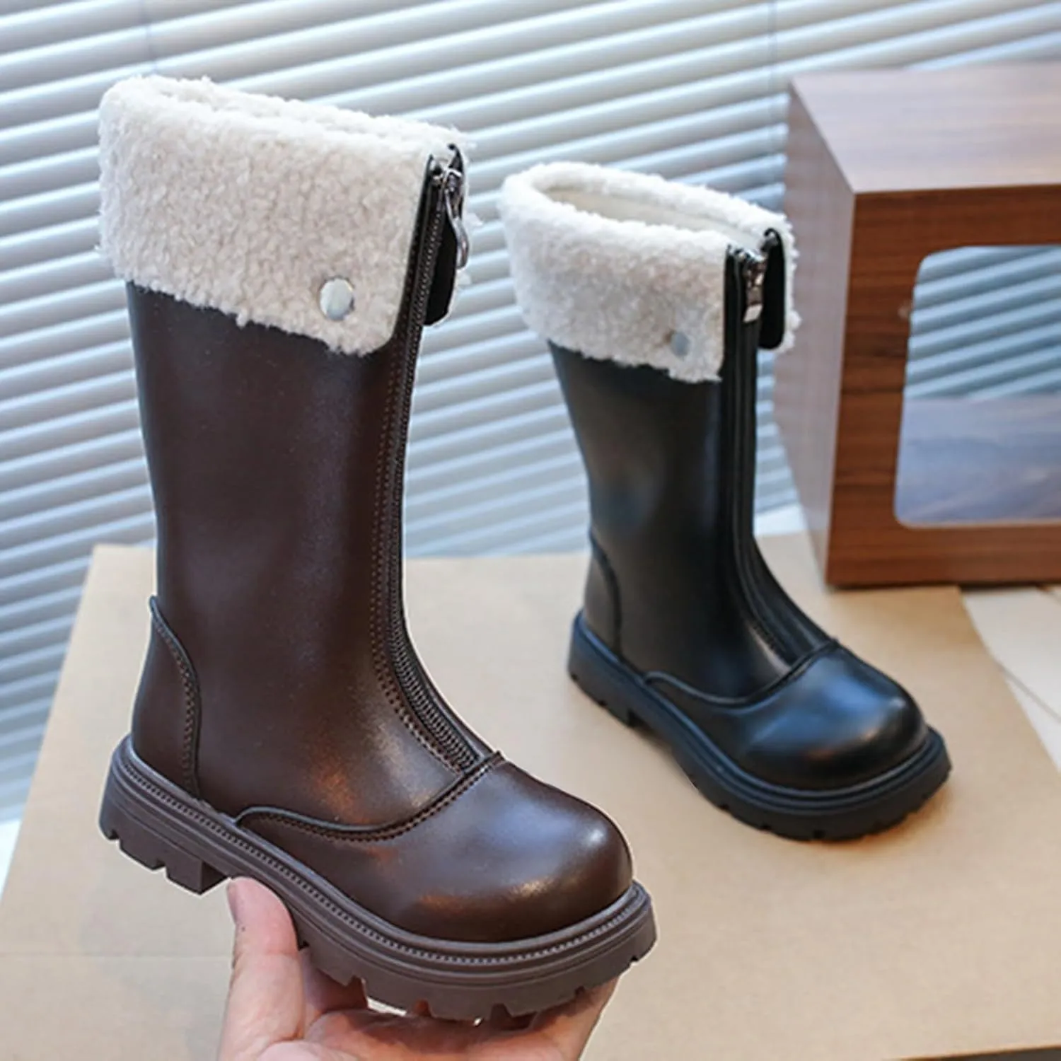 Girls Kids Leather 𝐖aterproof Boots Long Zipper Fuzzy Snow Shoes Outdoor Warm Thick Rubber Booties Comfy Sole Non Slip