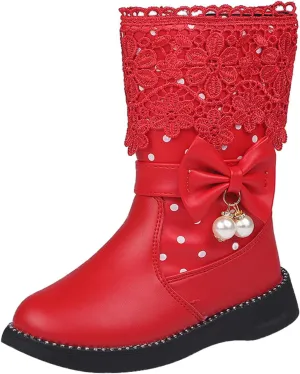 Girls Water Proof Lace Bowknot Side Zipper F𝐮r Winter Boots Kids Toddler Cute Leather Boot Ankle Sweet Flat Boots