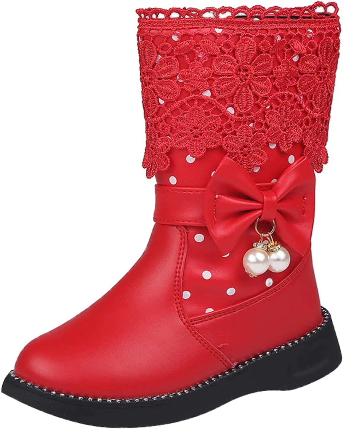 Girls Water Proof Lace Bowknot Side Zipper F𝐮r Winter Boots Kids Toddler Cute Leather Boot Ankle Sweet Flat Boots