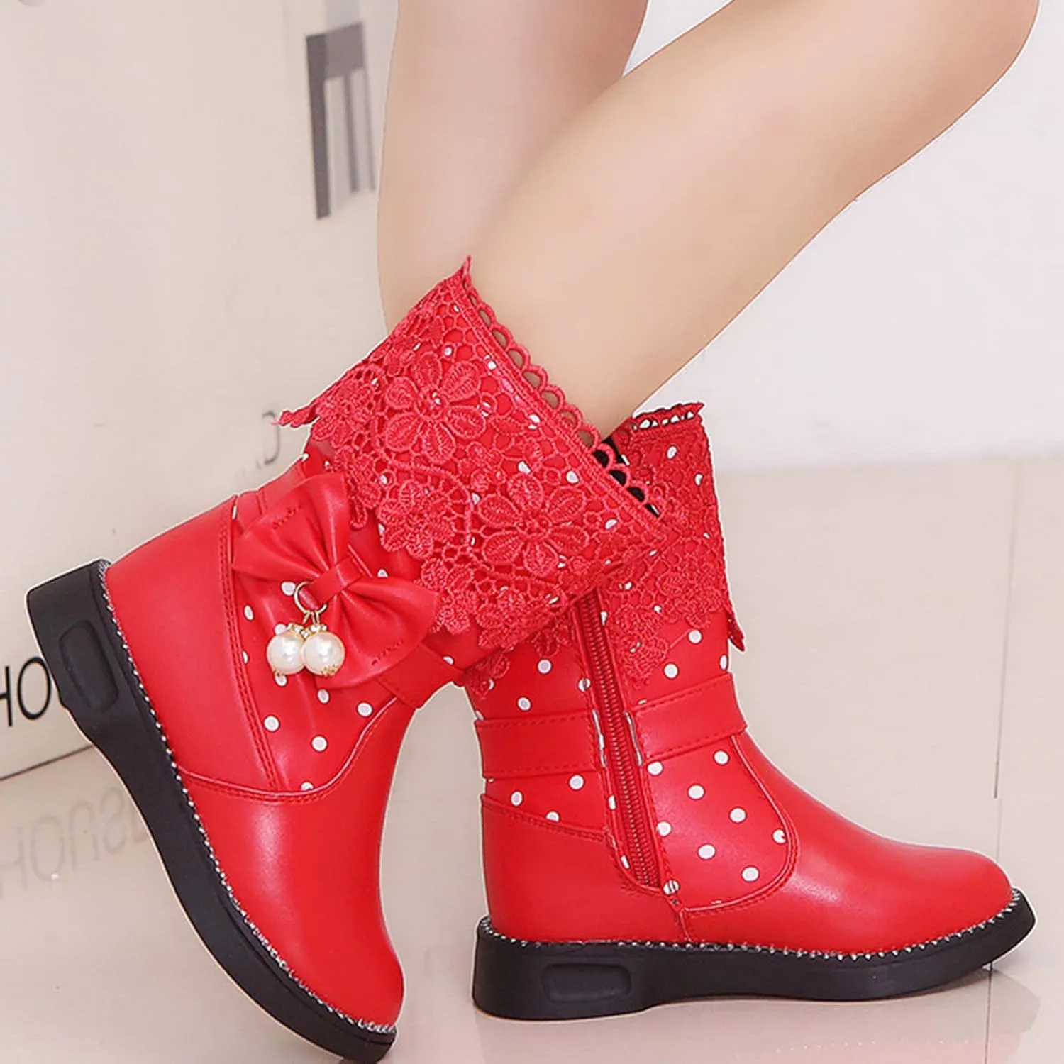 Girls Water Proof Lace Bowknot Side Zipper F𝐮r Winter Boots Kids Toddler Cute Leather Boot Ankle Sweet Flat Boots