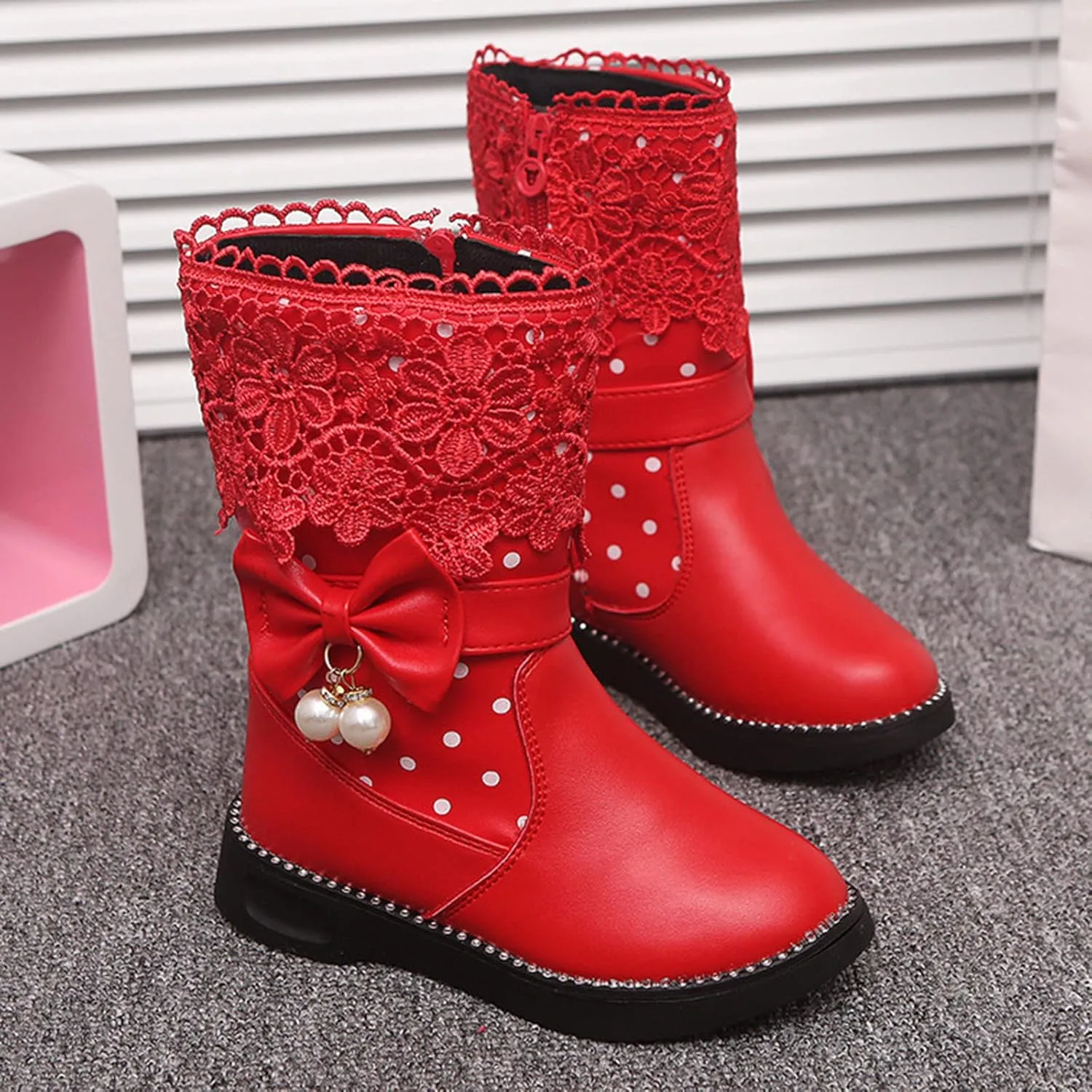 Girls Water Proof Lace Bowknot Side Zipper F𝐮r Winter Boots Kids Toddler Cute Leather Boot Ankle Sweet Flat Boots