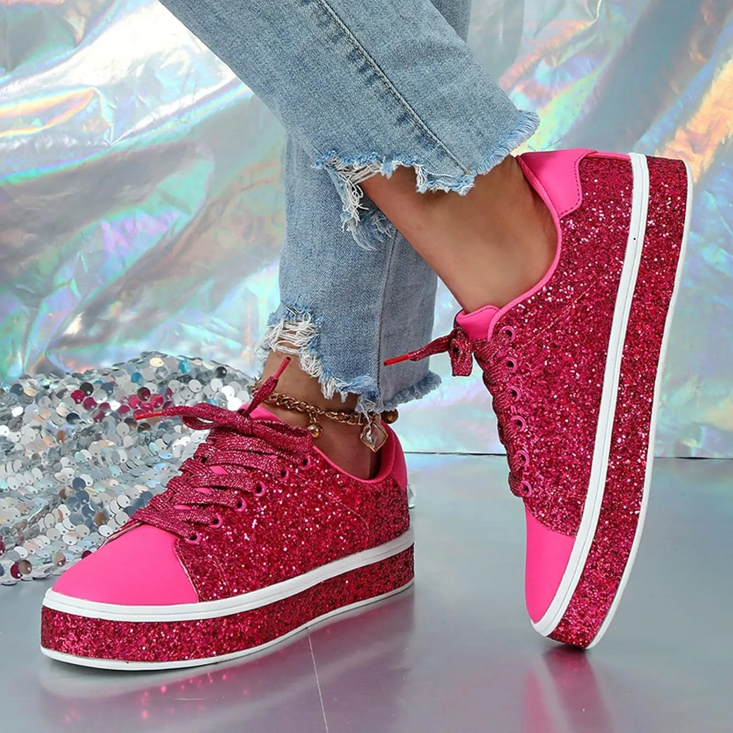 Glitter Sneakers for Women Women Glitter Sneakers Fashion Shiny Sparkle Sneakers Comfortable Lace Up Walking Shoes Cute