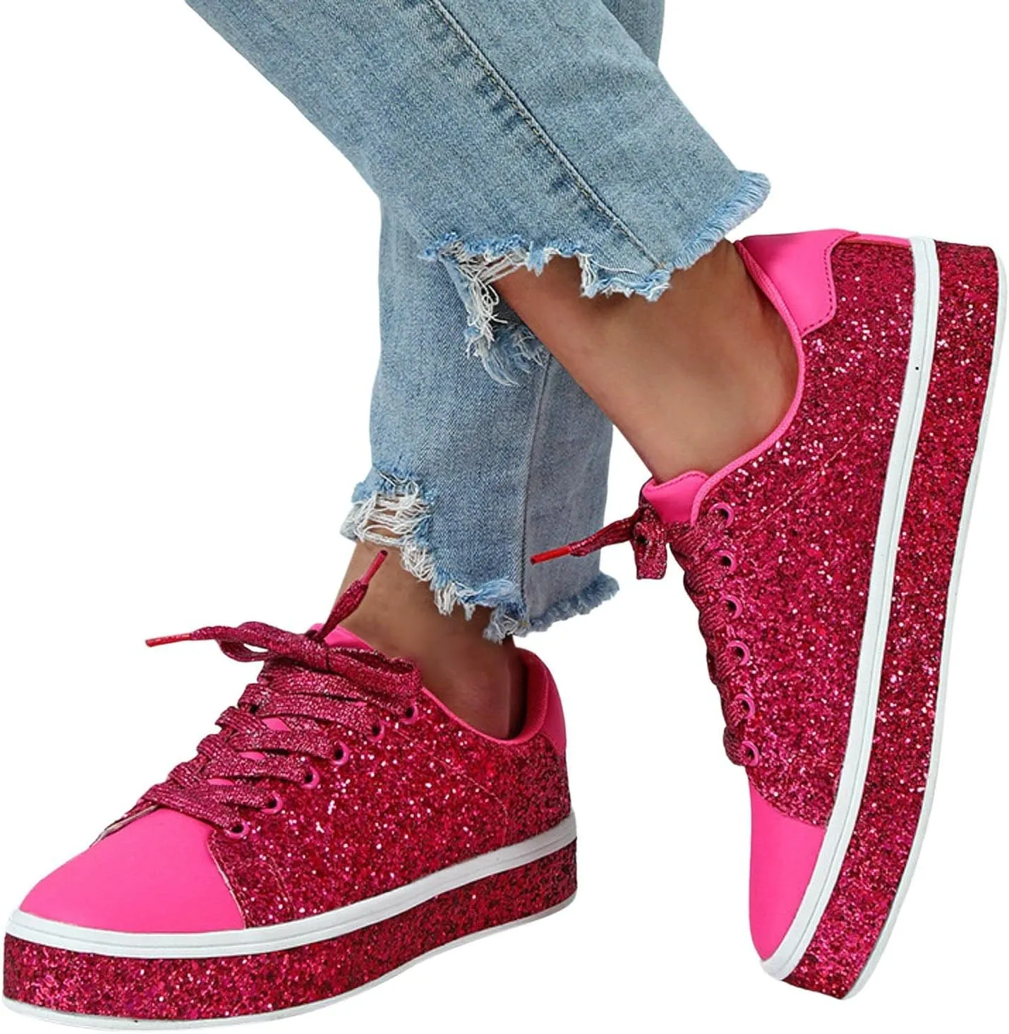 Glitter Sneakers for Women Women Glitter Sneakers Fashion Shiny Sparkle Sneakers Comfortable Lace Up Walking Shoes Cute