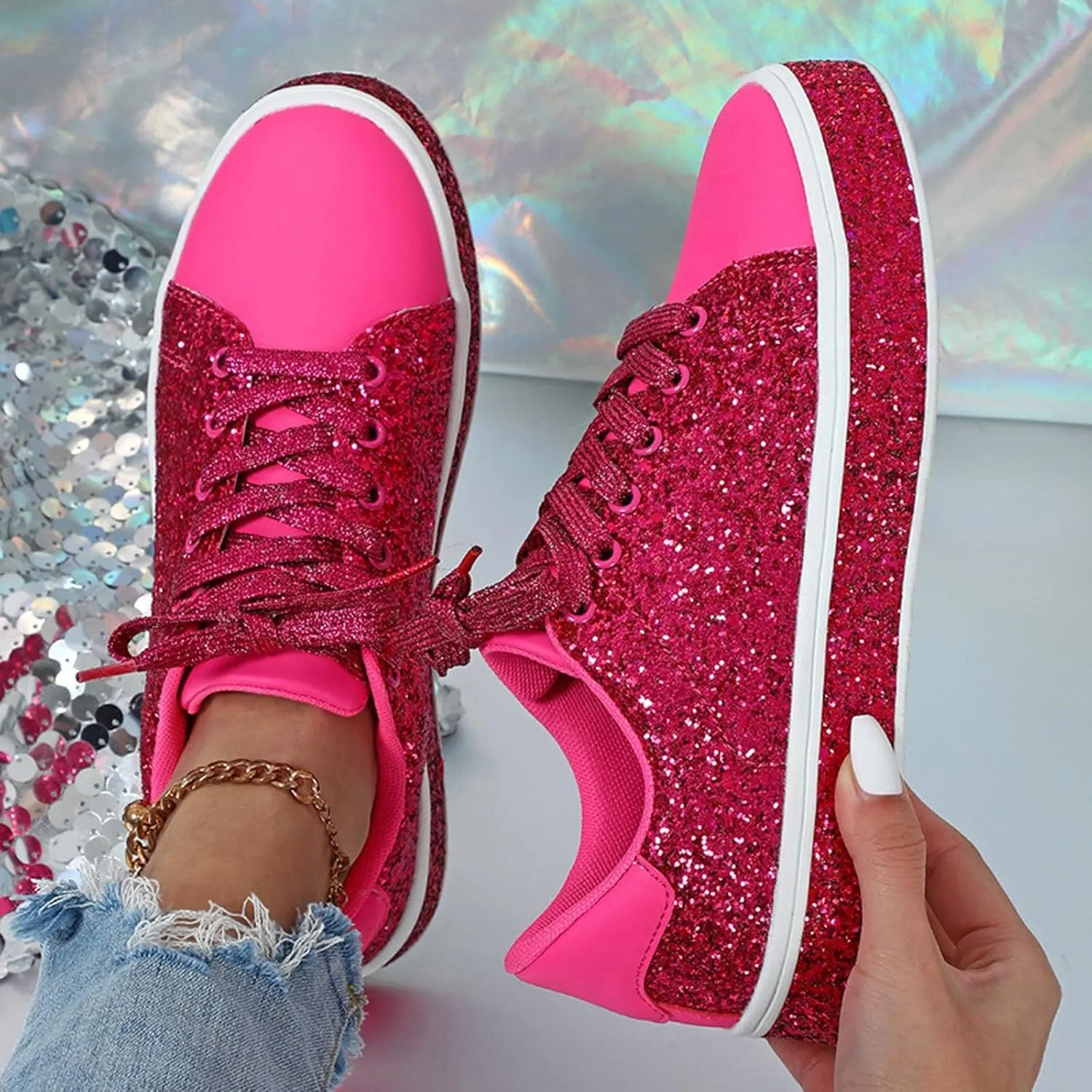 Glitter Sneakers for Women Women Glitter Sneakers Fashion Shiny Sparkle Sneakers Comfortable Lace Up Walking Shoes Cute