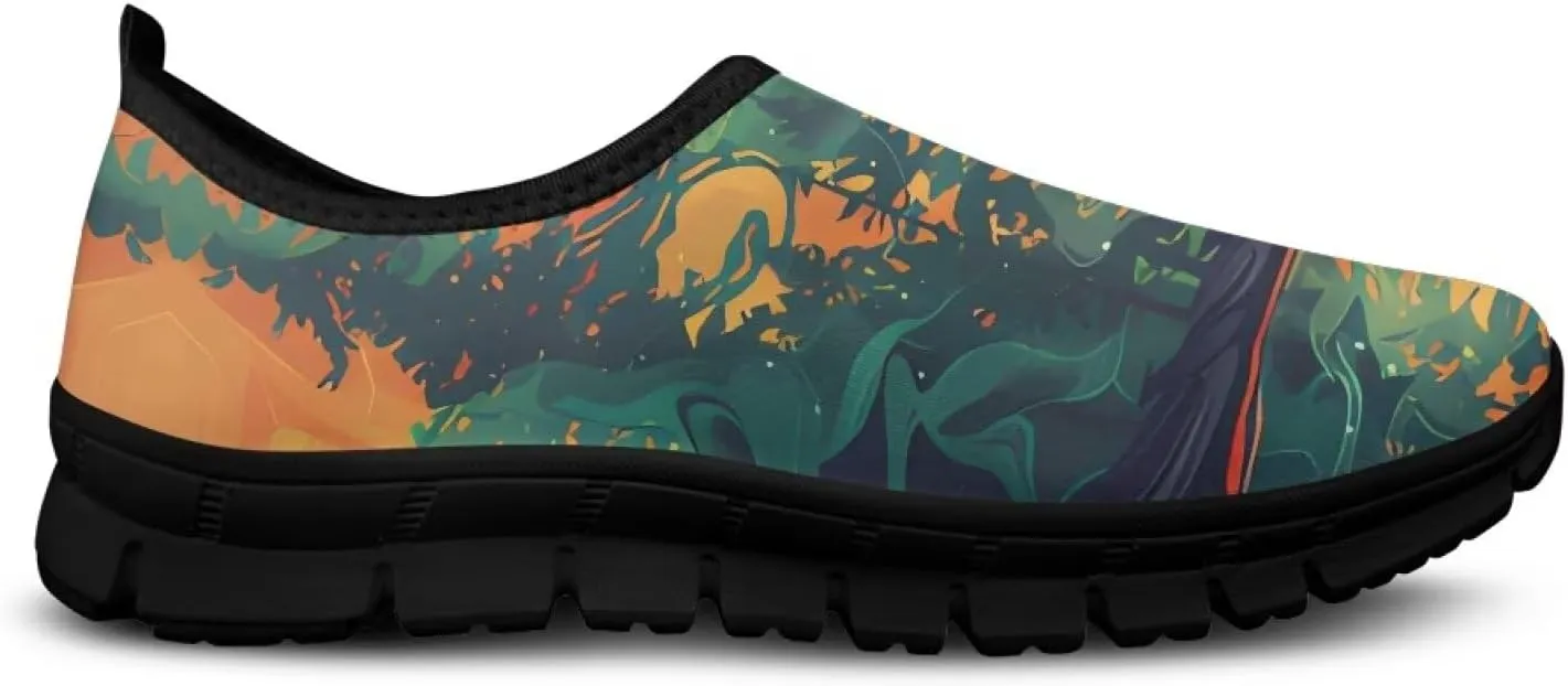 GOSTONG Floral Art Sneakers for Women Comfy Soft Sole Non Slip Walking Sneakers for Outdoor Travel Easy Slip on Lightweight Indoor Loafers Black US 5.5-11.5