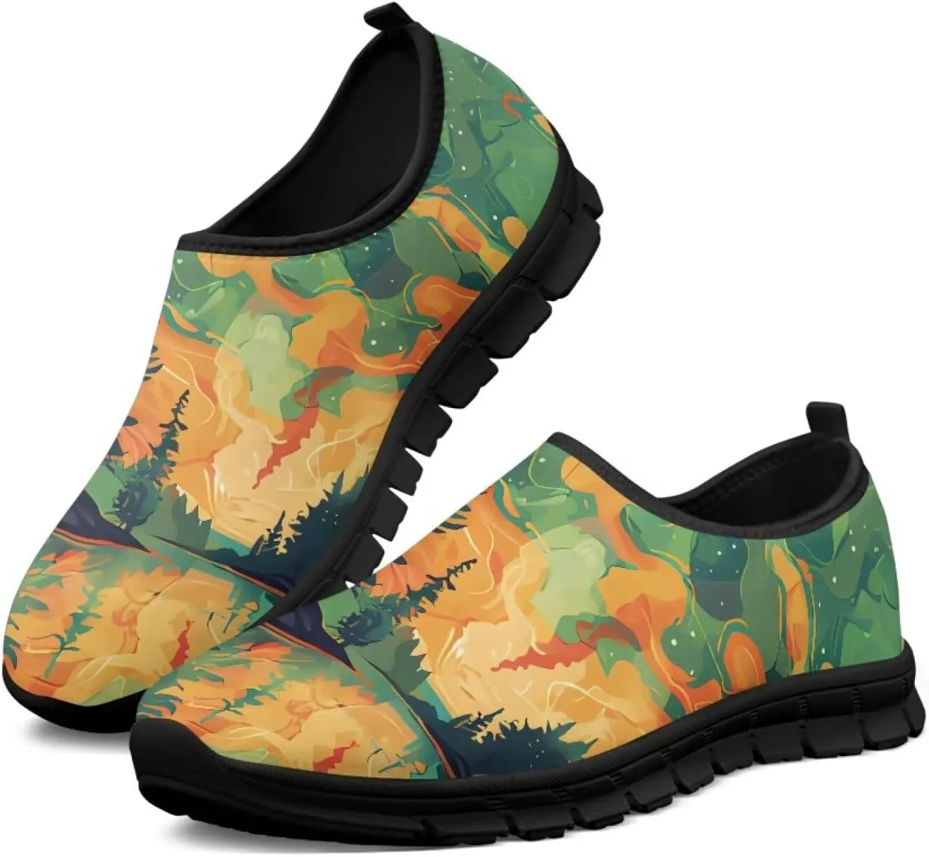 GOSTONG Floral Art Sneakers for Women Comfy Soft Sole Non Slip Walking Sneakers for Outdoor Travel Easy Slip on Lightweight Indoor Loafers Black US 5.5-11.5