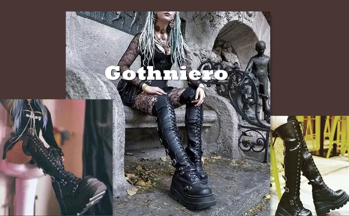 Gothniero Black Platform Boots Over Knee Thigh High Goth Boots for Women Chunky Heel Rave Motorcycle Boots with Buckles Side Zip Lace Boots Size5.5-10