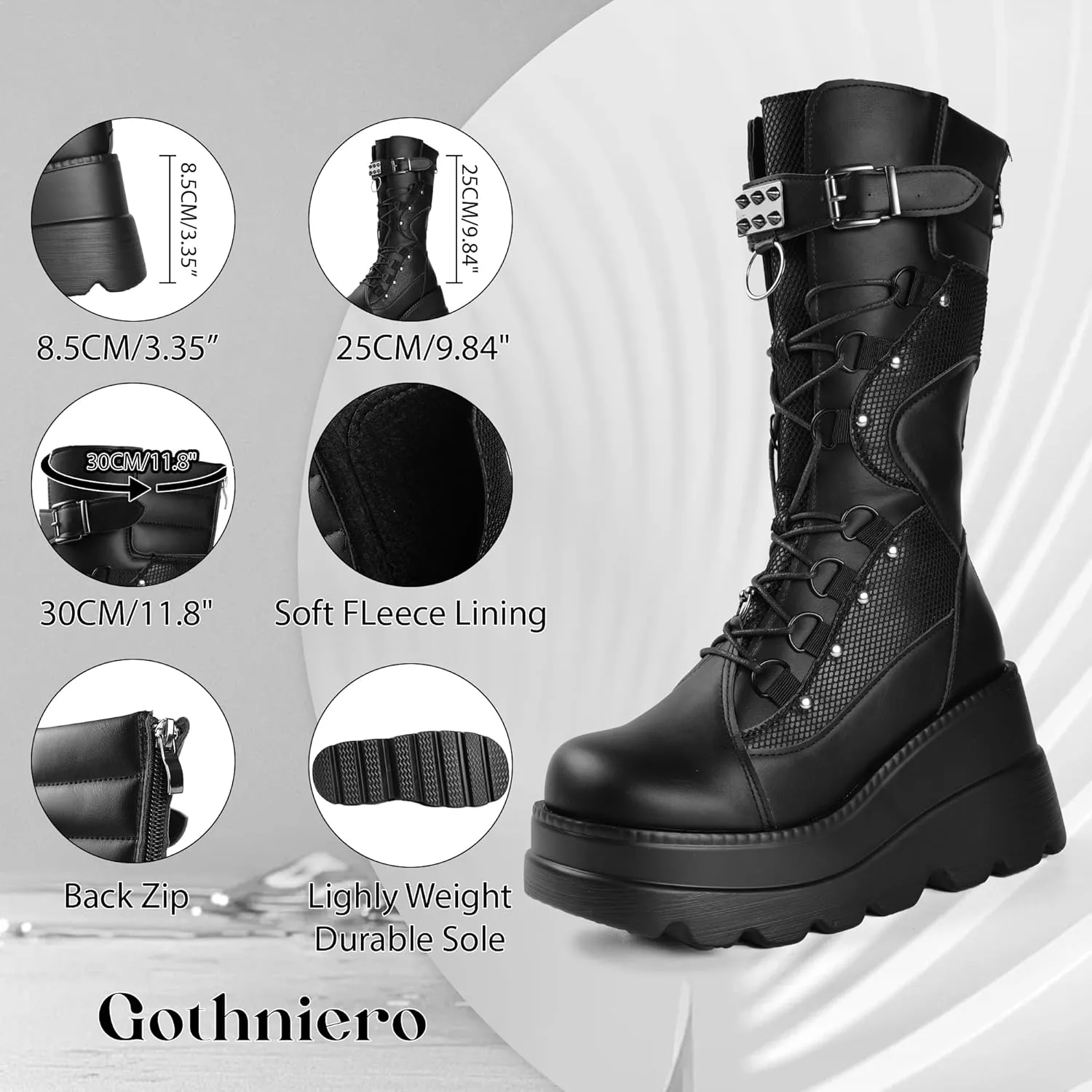 Gothniero High Platform Knee Boots Chunky Heel Wedge Black Boots For Women Combat Goth Punk Motorcycle Booties Zip up With Metal Buckles Size5-11