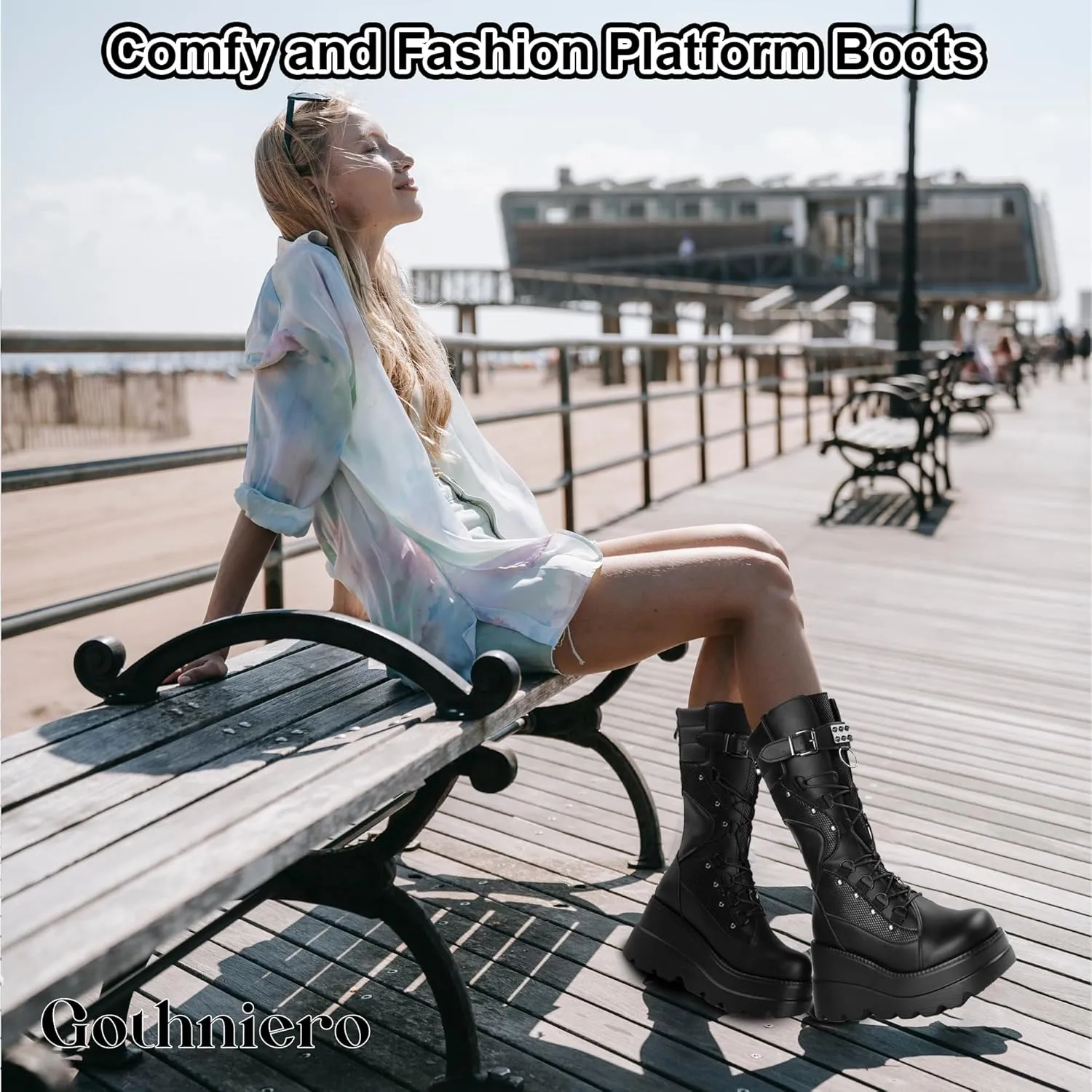 Gothniero High Platform Knee Boots Chunky Heel Wedge Black Boots For Women Combat Goth Punk Motorcycle Booties Zip up With Metal Buckles Size5-11