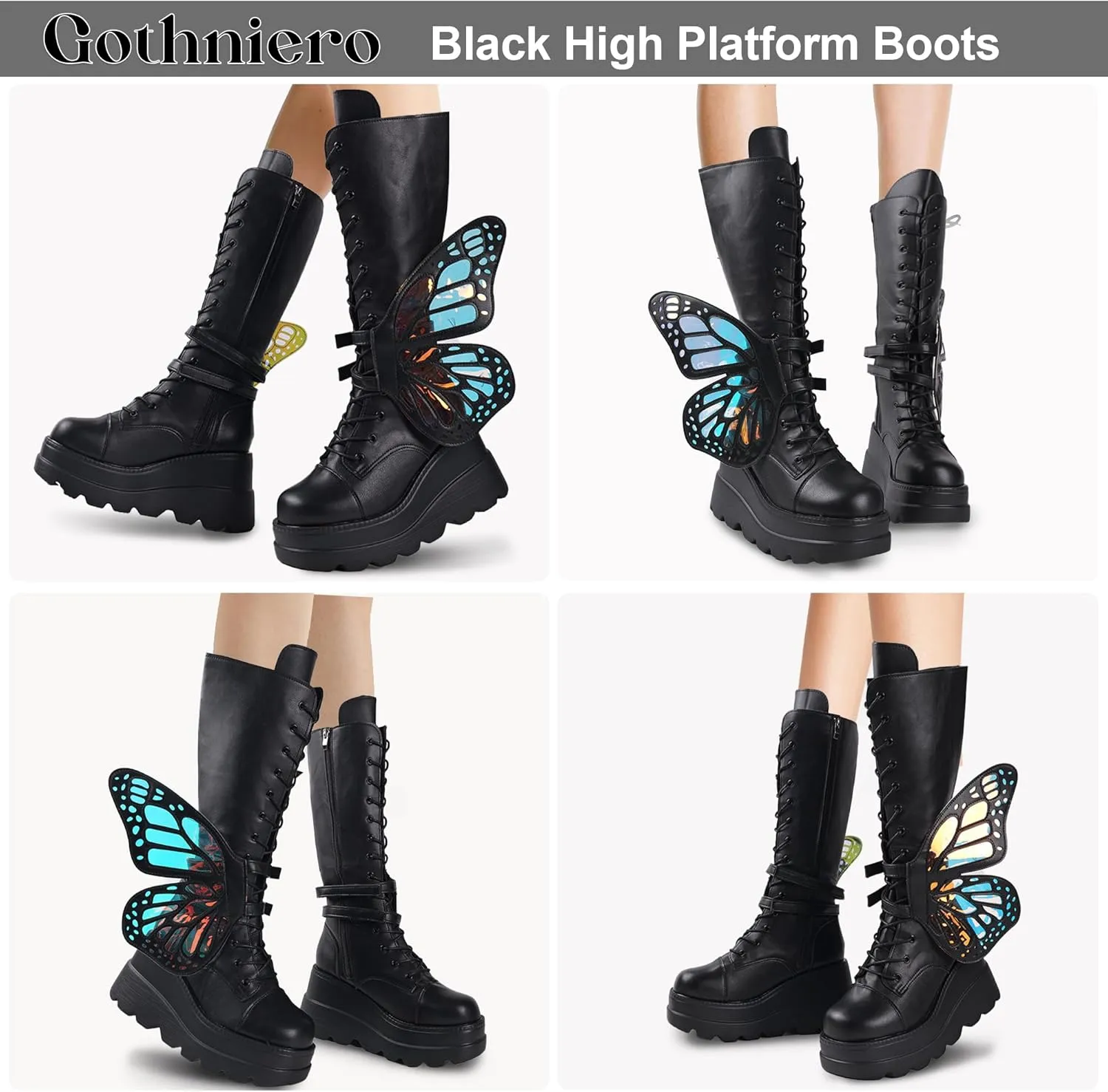 Gothniero High Platform Knee Boots Chunky Heel Wedge Black Boots For Women Combat Goth Punk Motorcycle Booties Zip up With Metal Buckles Size5-11