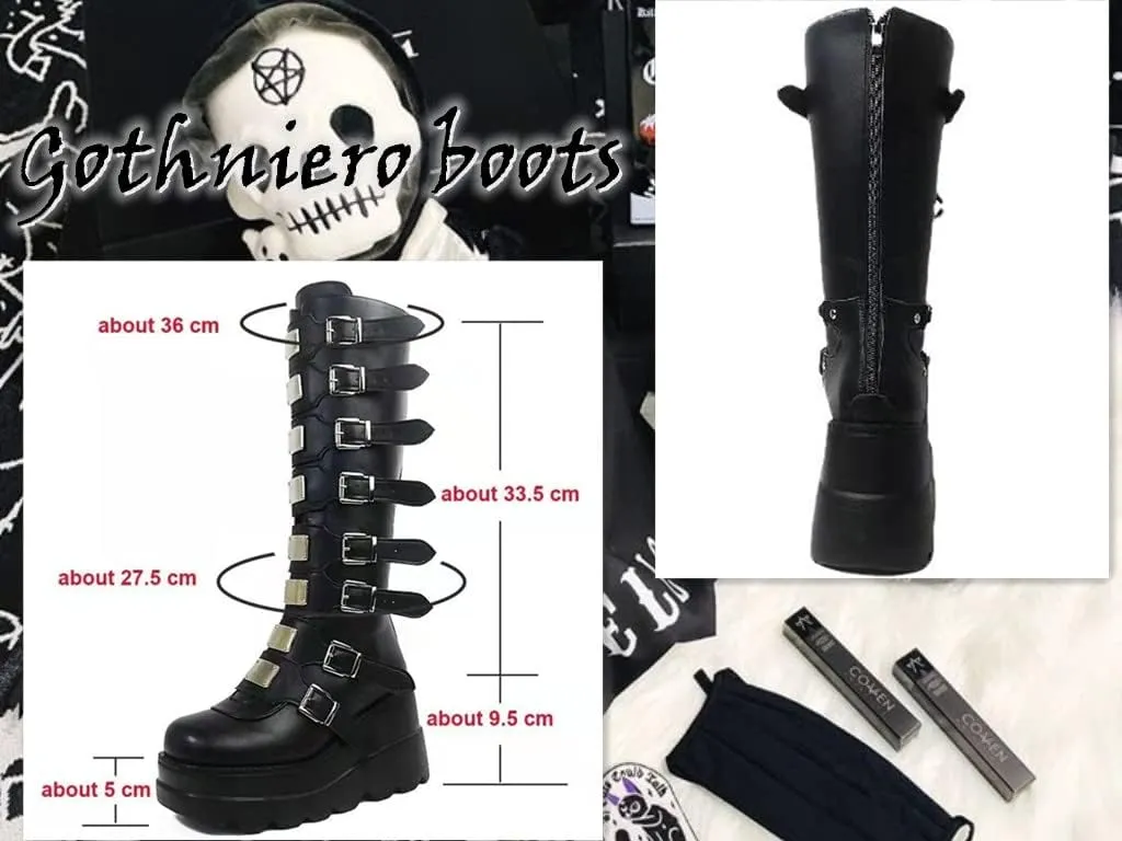 Gothniero High Platform Knee Boots Chunky Heel Wedge Black Boots For Women Combat Goth Punk Motorcycle Booties Zip up With Metal Buckles Size5-11