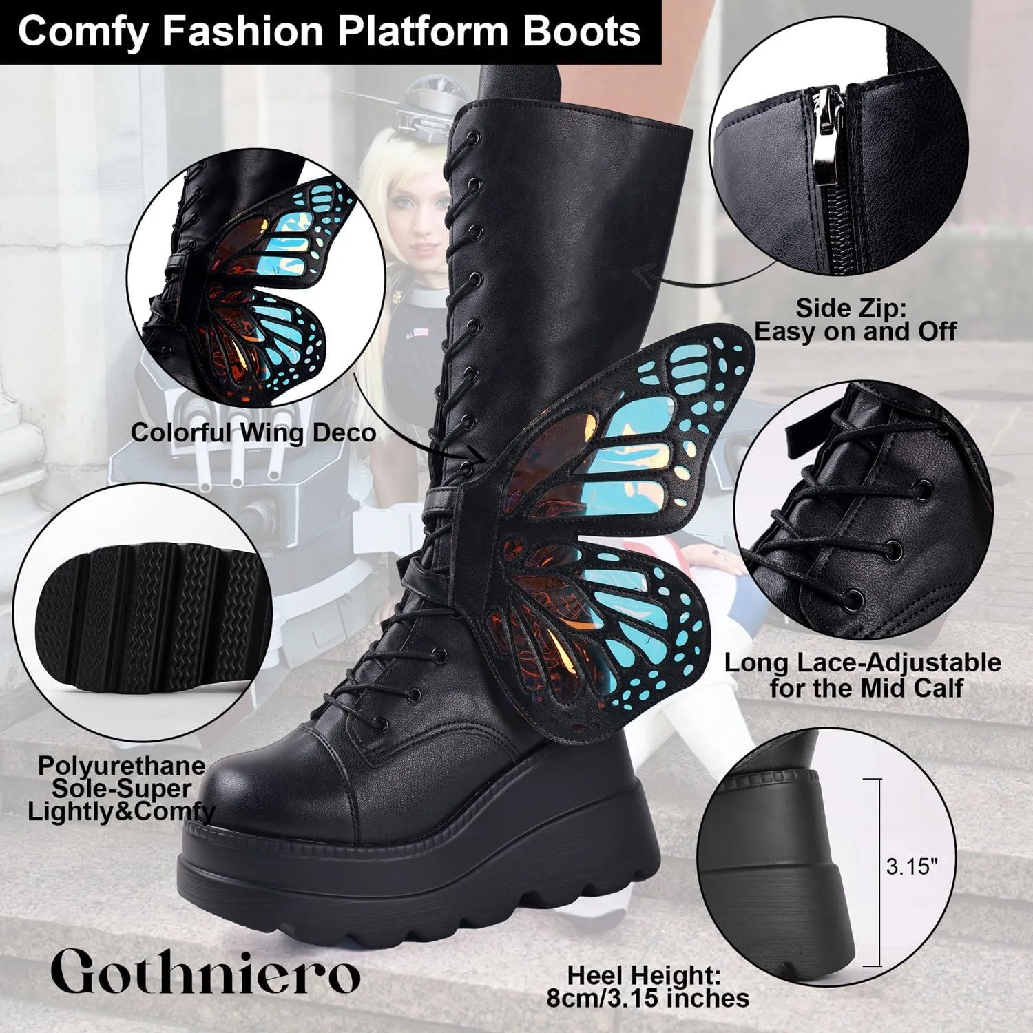 Gothniero High Platform Knee Boots Chunky Heel Wedge Black Boots For Women Combat Goth Punk Motorcycle Booties Zip up With Metal Buckles Size5-11