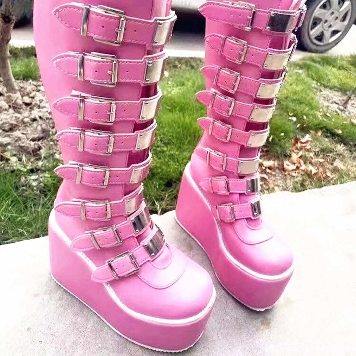 Gothniero High Platform Knee Boots Chunky Heel Wedge Black Boots For Women Combat Goth Punk Motorcycle Booties Zip up With Metal Buckles Size5-11