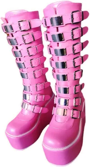Gothniero High Platform Knee Boots Chunky Heel Wedge Black Boots For Women Combat Goth Punk Motorcycle Booties Zip up With Metal Buckles Size5-11