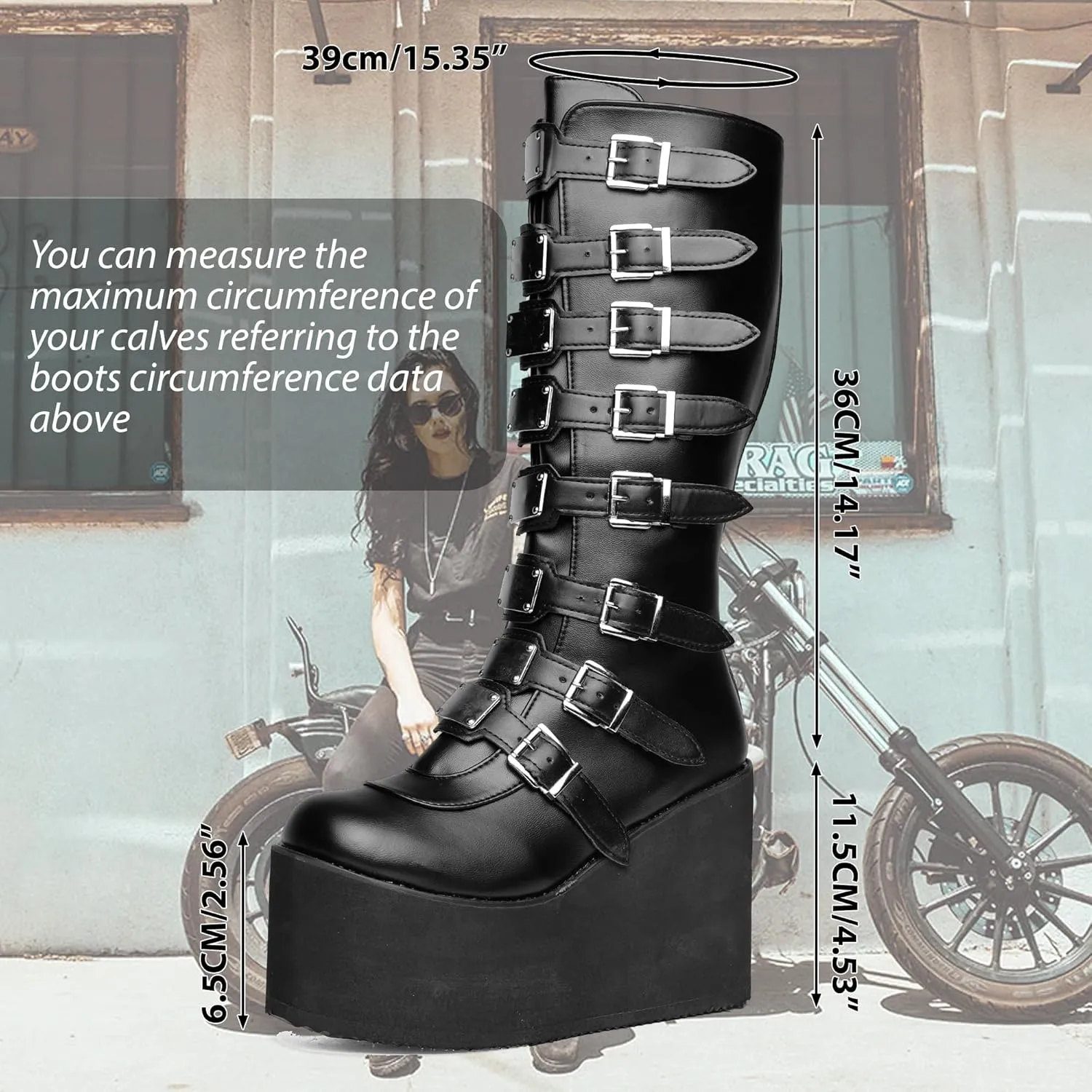 Gothniero High Platform Knee Boots Chunky Heel Wedge Black Boots For Women Combat Goth Punk Motorcycle Booties Zip up With Metal Buckles Size5-11