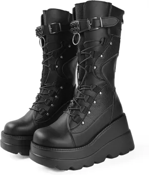 Gothniero High Platform Knee Boots Chunky Heel Wedge Black Boots For Women Combat Goth Punk Motorcycle Booties Zip up With Metal Buckles Size5-11