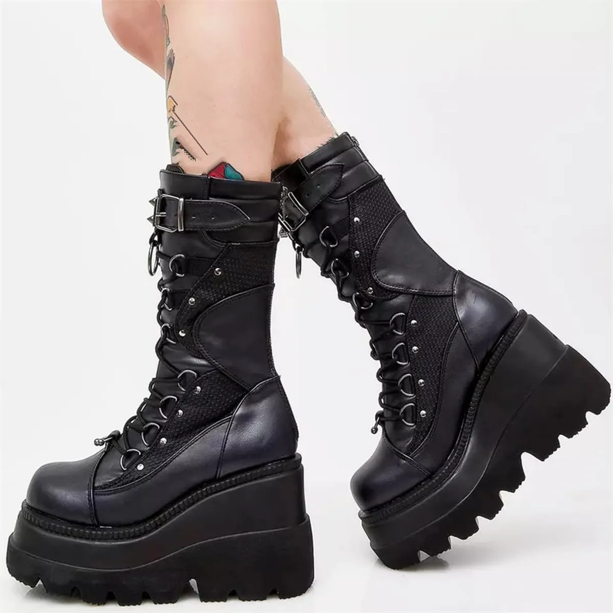 Gothniero High Platform Knee Boots Chunky Heel Wedge Black Boots For Women Combat Goth Punk Motorcycle Booties Zip up With Metal Buckles Size5-11