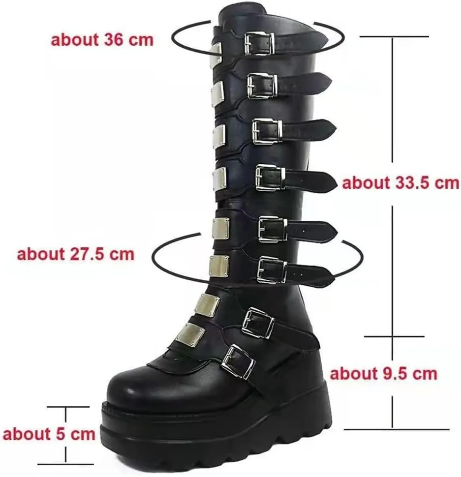 Gothniero High Platform Knee Boots Chunky Heel Wedge Black Boots For Women Combat Goth Punk Motorcycle Booties Zip up With Metal Buckles Size5-11