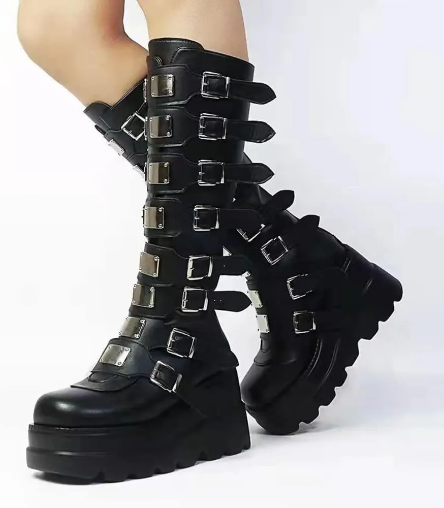 Gothniero High Platform Knee Boots Chunky Heel Wedge Black Boots For Women Combat Goth Punk Motorcycle Booties Zip up With Metal Buckles Size5-11
