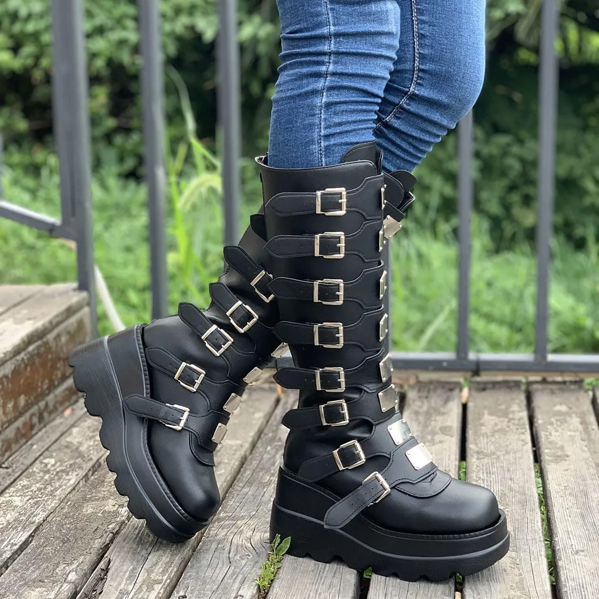 Gothniero High Platform Knee Boots Chunky Heel Wedge Black Boots For Women Combat Goth Punk Motorcycle Booties Zip up With Metal Buckles Size5-11