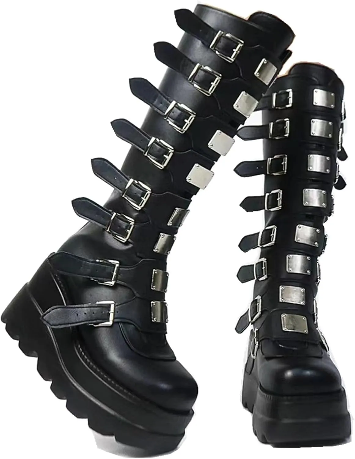 Gothniero High Platform Knee Boots Chunky Heel Wedge Black Boots For Women Combat Goth Punk Motorcycle Booties Zip up With Metal Buckles Size5-11