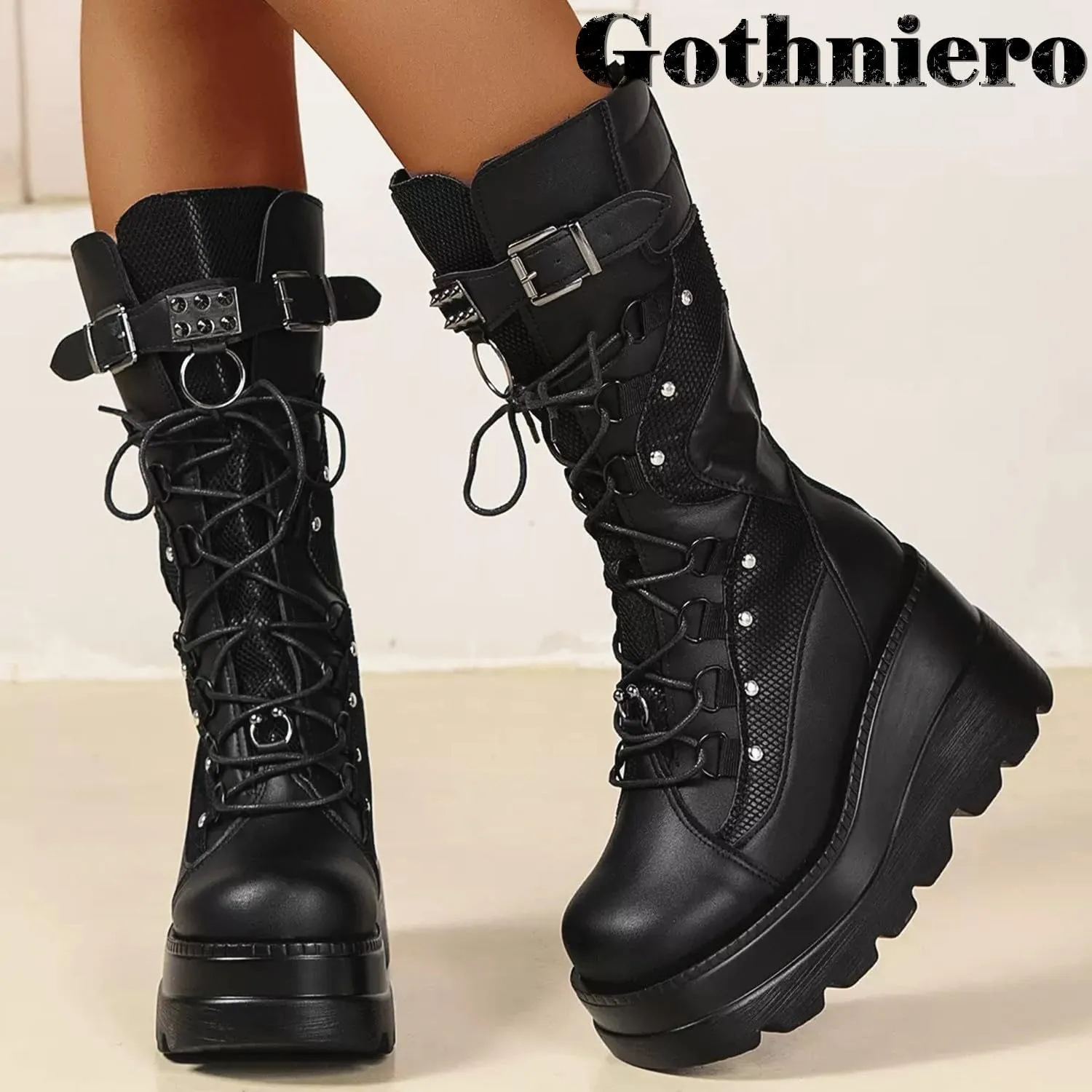 Gothniero High Platform Knee Boots Chunky Heel Wedge Black Boots For Women Combat Goth Punk Motorcycle Booties Zip up With Metal Buckles Size5-11