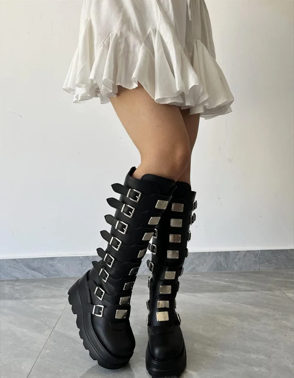 Gothniero High Platform Knee Boots Chunky Heel Wedge Black Boots For Women Combat Goth Punk Motorcycle Booties Zip up With Metal Buckles Size5-11