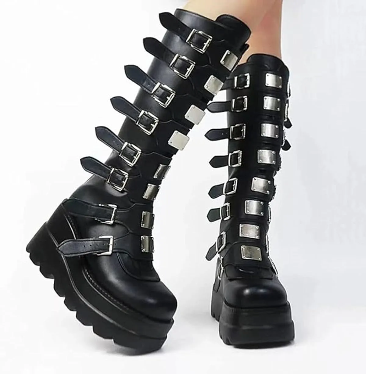Gothniero High Platform Knee Boots Chunky Heel Wedge Black Boots For Women Combat Goth Punk Motorcycle Booties Zip up With Metal Buckles Size5-11