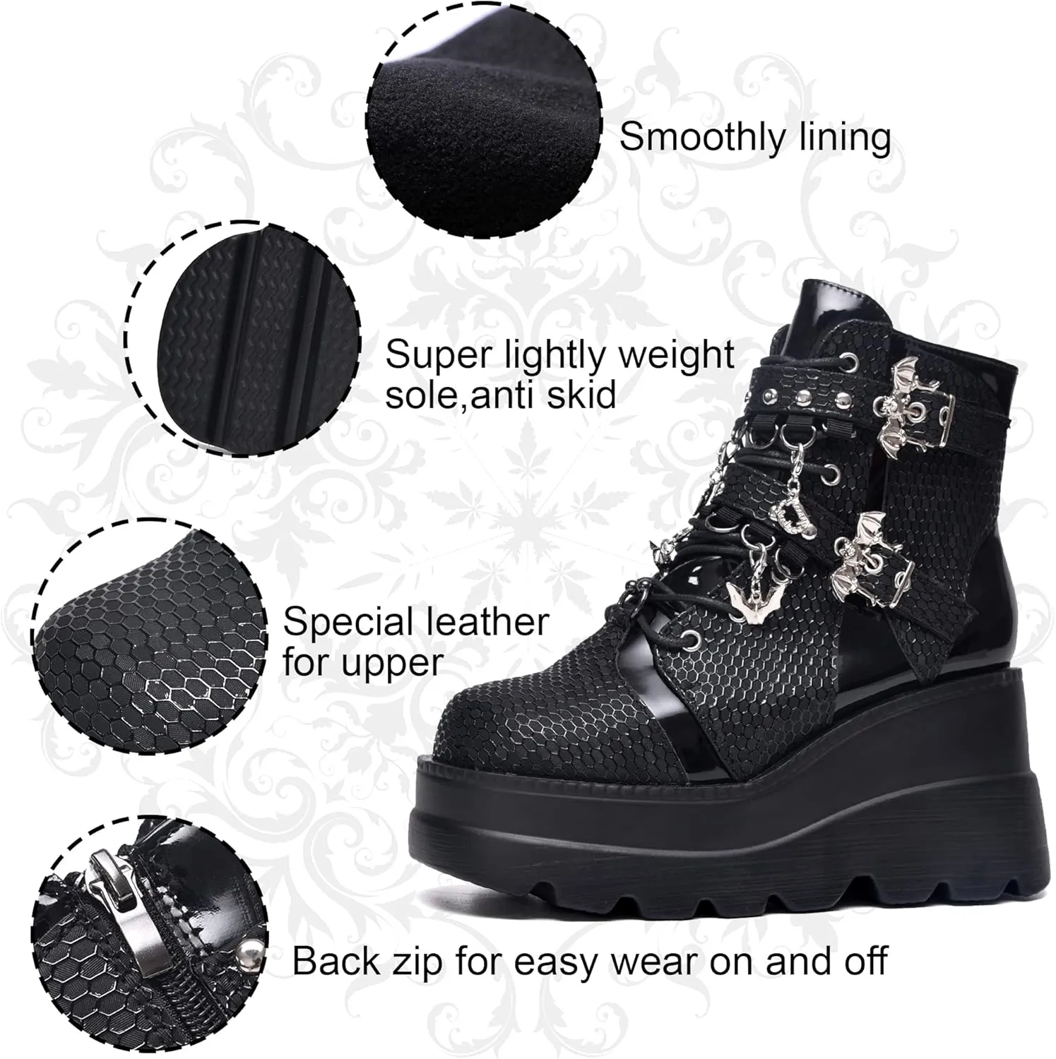 Gothniero Platform Goth Ankle Boots for Womem Black Holographic Combat Chunky Heel Boots with Side Zip Lace Up Wedge Booties US5.5-11