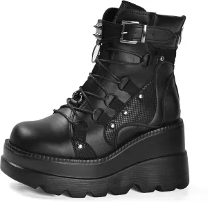 Gothniero Platform Goth Ankle Boots for Womem Black Holographic Combat Chunky Heel Boots with Side Zip Lace Up Wedge Booties US5.5-11
