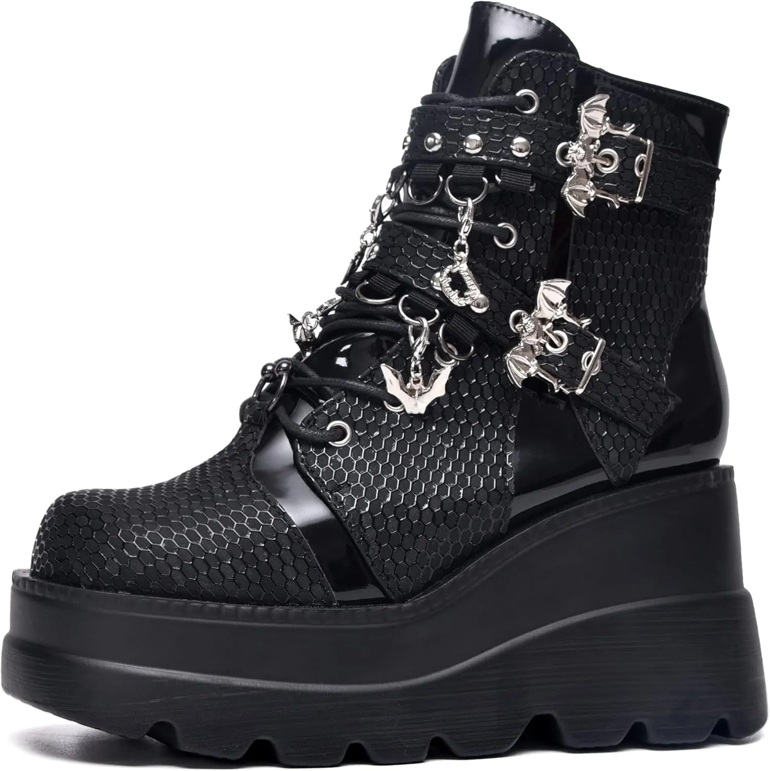 Gothniero Platform Goth Ankle Boots for Womem Black Holographic Combat Chunky Heel Boots with Side Zip Lace Up Wedge Booties US5.5-11