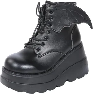 Gothniero Platform Goth Ankle Boots for Womem Black Holographic Combat Chunky Heel Boots with Side Zip Lace Up Wedge Booties US5.5-11
