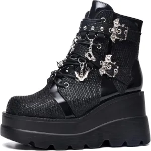Gothniero Platform Goth Ankle Boots for Womem Black Holographic Combat Chunky Heel Boots with Side Zip Lace Up Wedge Booties US5.5-11