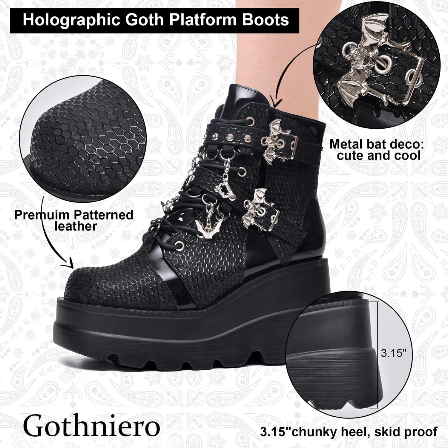 Gothniero Platform Goth Ankle Boots for Womem Black Holographic Combat Chunky Heel Boots with Side Zip Lace Up Wedge Booties US5.5-11