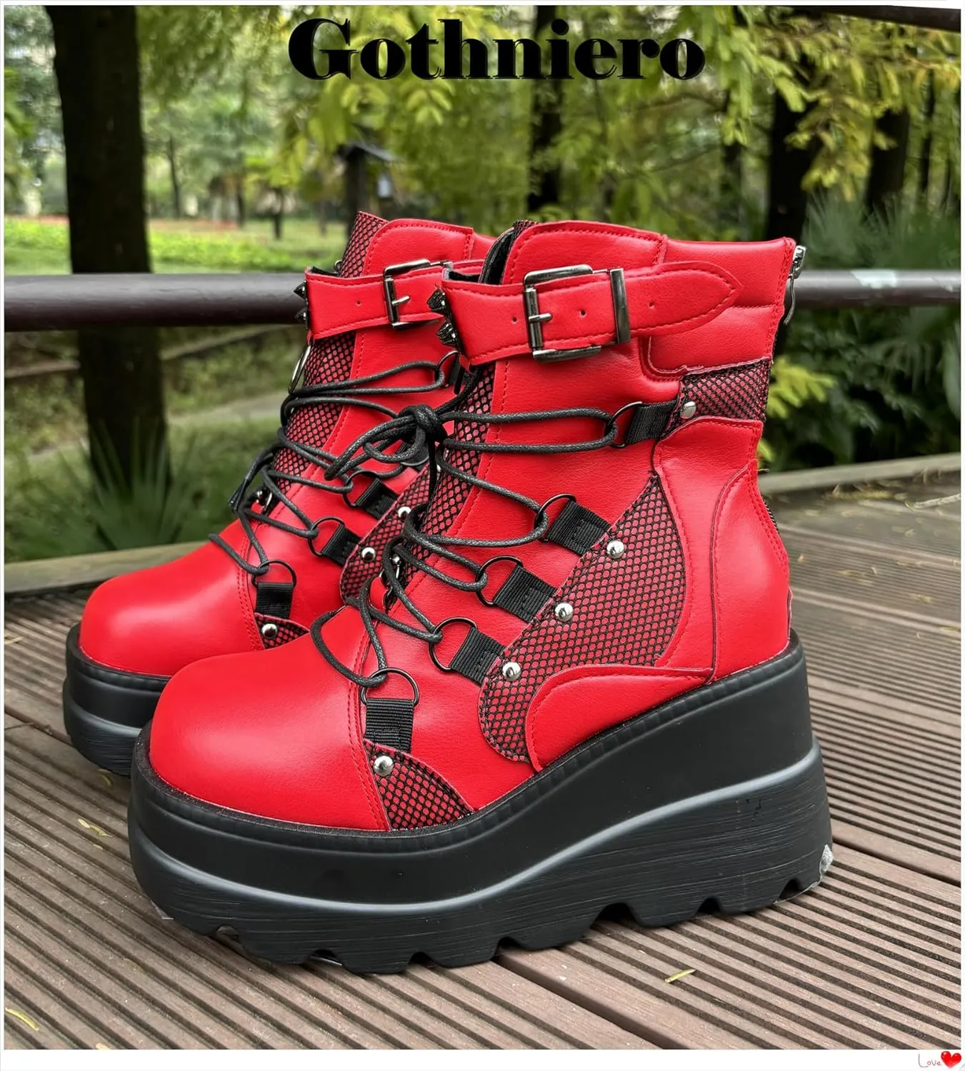 Gothniero Platform Goth Ankle Boots for Womem Black Holographic Combat Chunky Heel Boots with Side Zip Lace Up Wedge Booties US5.5-11