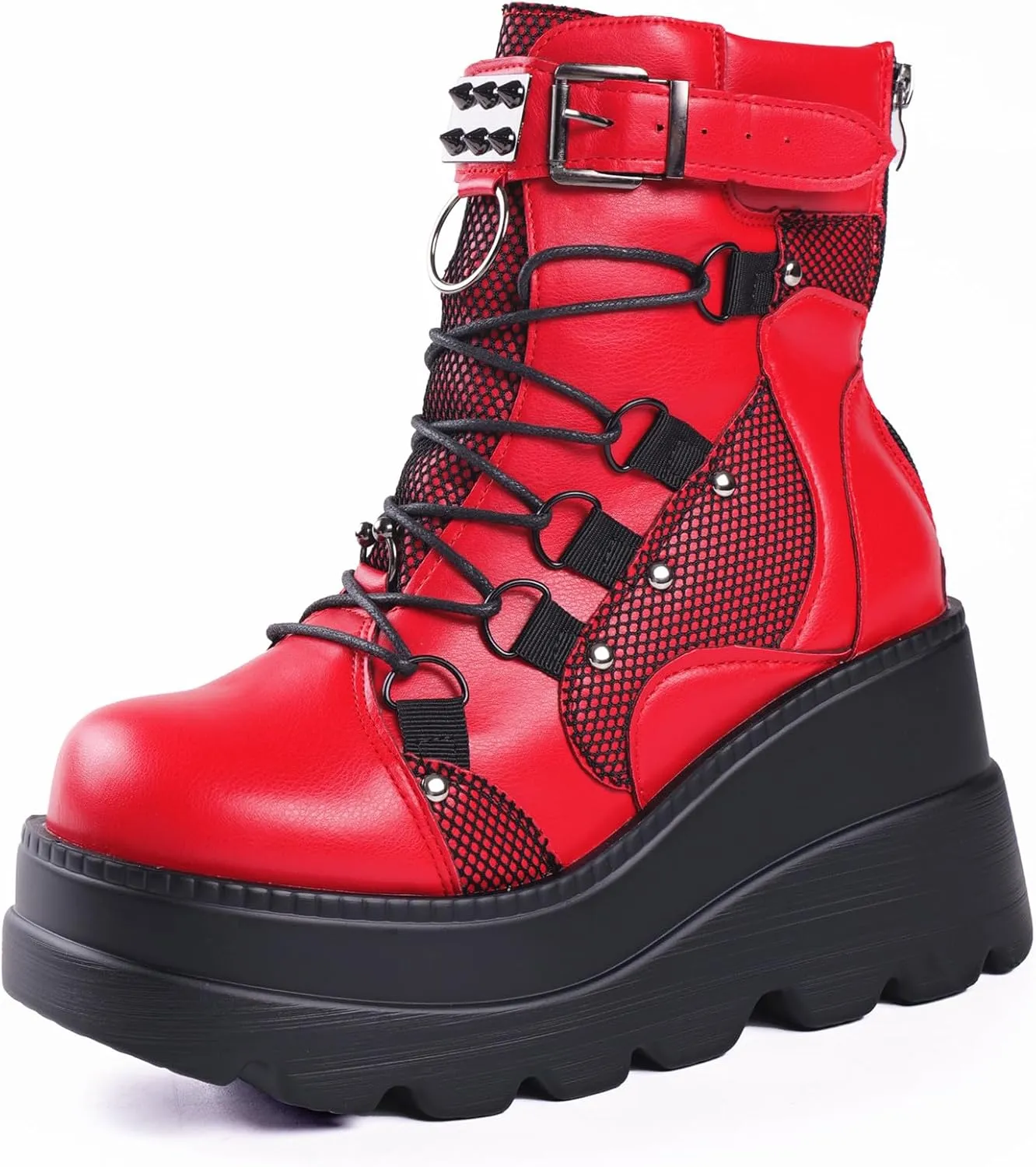 Gothniero Platform Goth Ankle Boots for Womem Black Holographic Combat Chunky Heel Boots with Side Zip Lace Up Wedge Booties US5.5-11