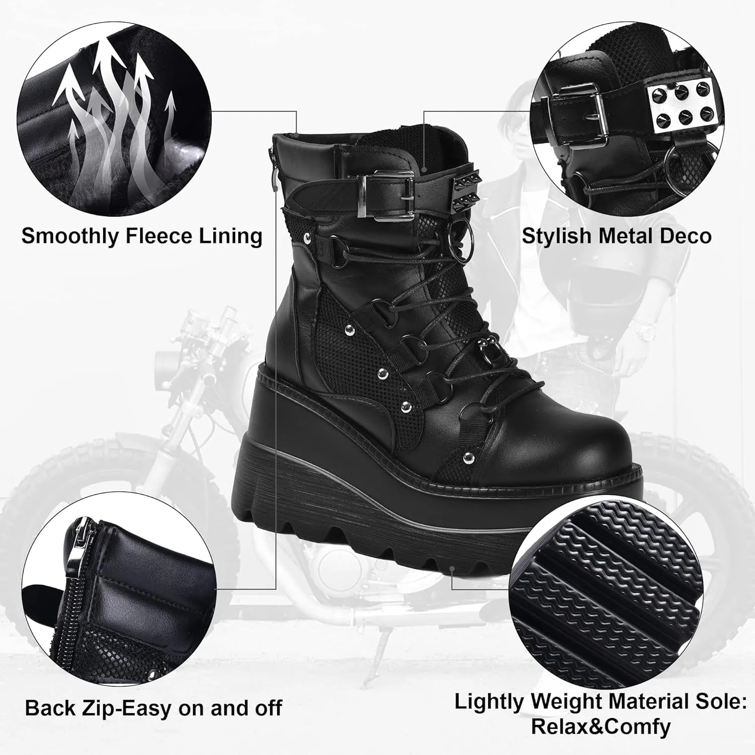 Gothniero Platform Goth Ankle Boots for Womem Black Holographic Combat Chunky Heel Boots with Side Zip Lace Up Wedge Booties US5.5-11