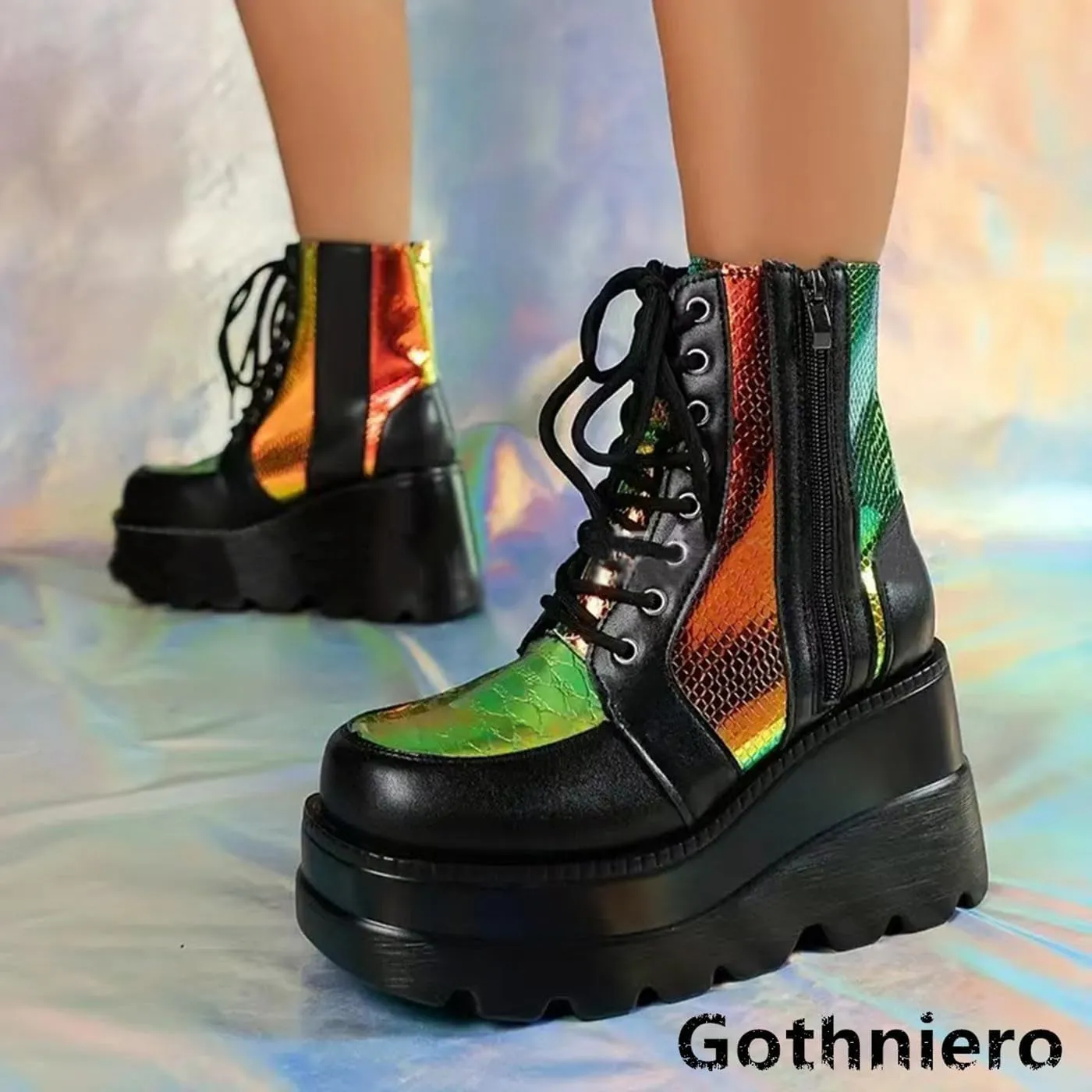 Gothniero Platform Goth Ankle Boots for Womem Black Holographic Combat Chunky Heel Boots with Side Zip Lace Up Wedge Booties US5.5-11