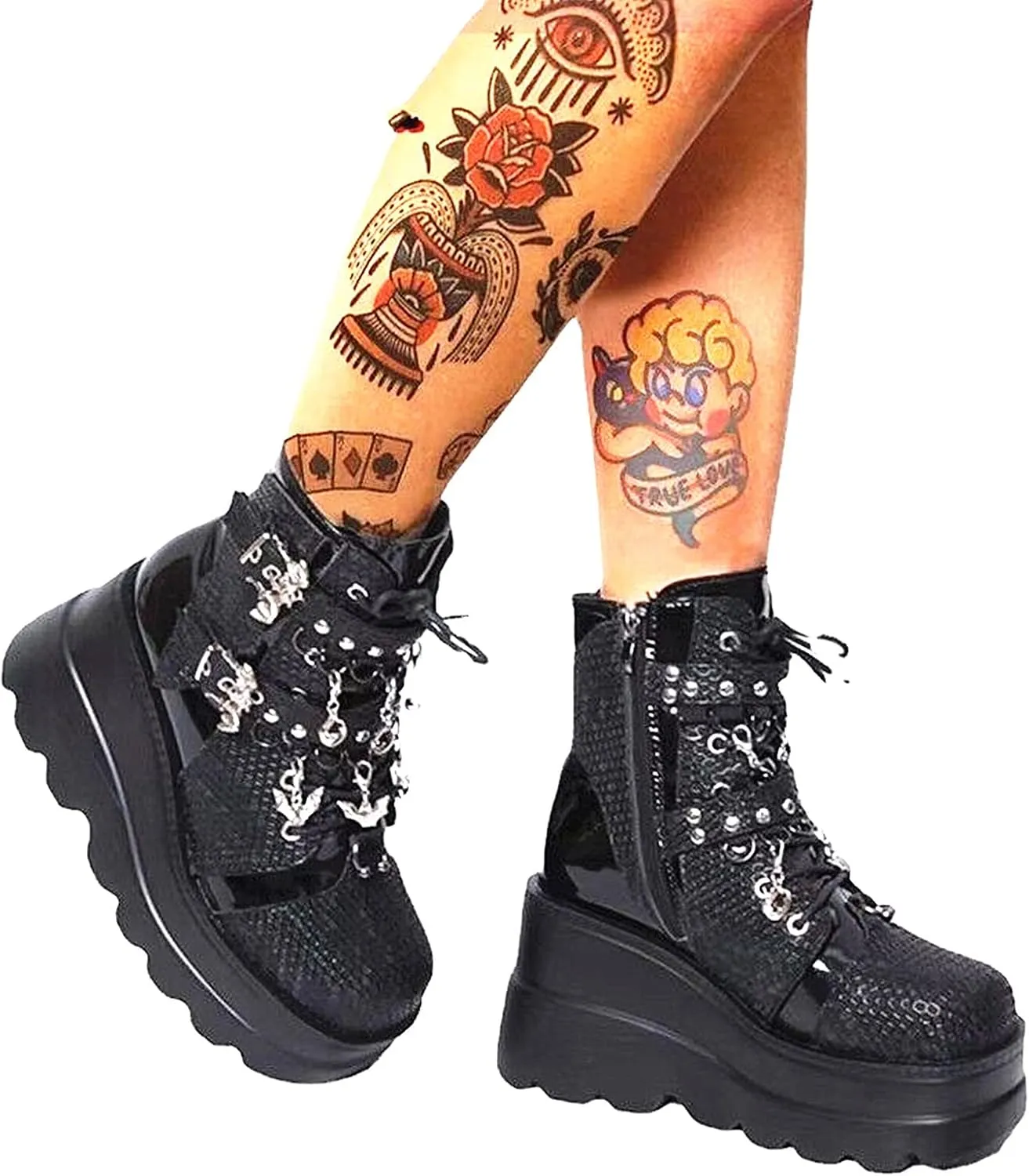 Gothniero Platform Goth Ankle Boots for Womem Black Holographic Combat Chunky Heel Boots with Side Zip Lace Up Wedge Booties US5.5-11