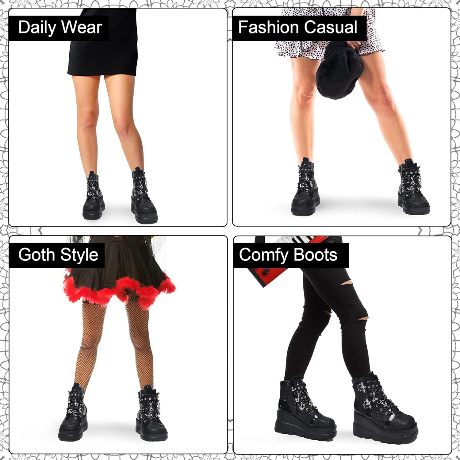 Gothniero Platform Goth Ankle Boots for Womem Black Holographic Combat Chunky Heel Boots with Side Zip Lace Up Wedge Booties US5.5-11